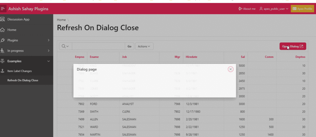 Refresh region of base page when closing modal dialog | Oracle APEX