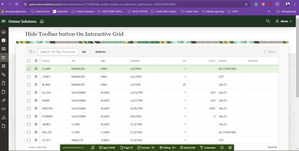 Customizing Interactive Grid Toolbars: How to Hide the Toolbar Button in Oracle APEX